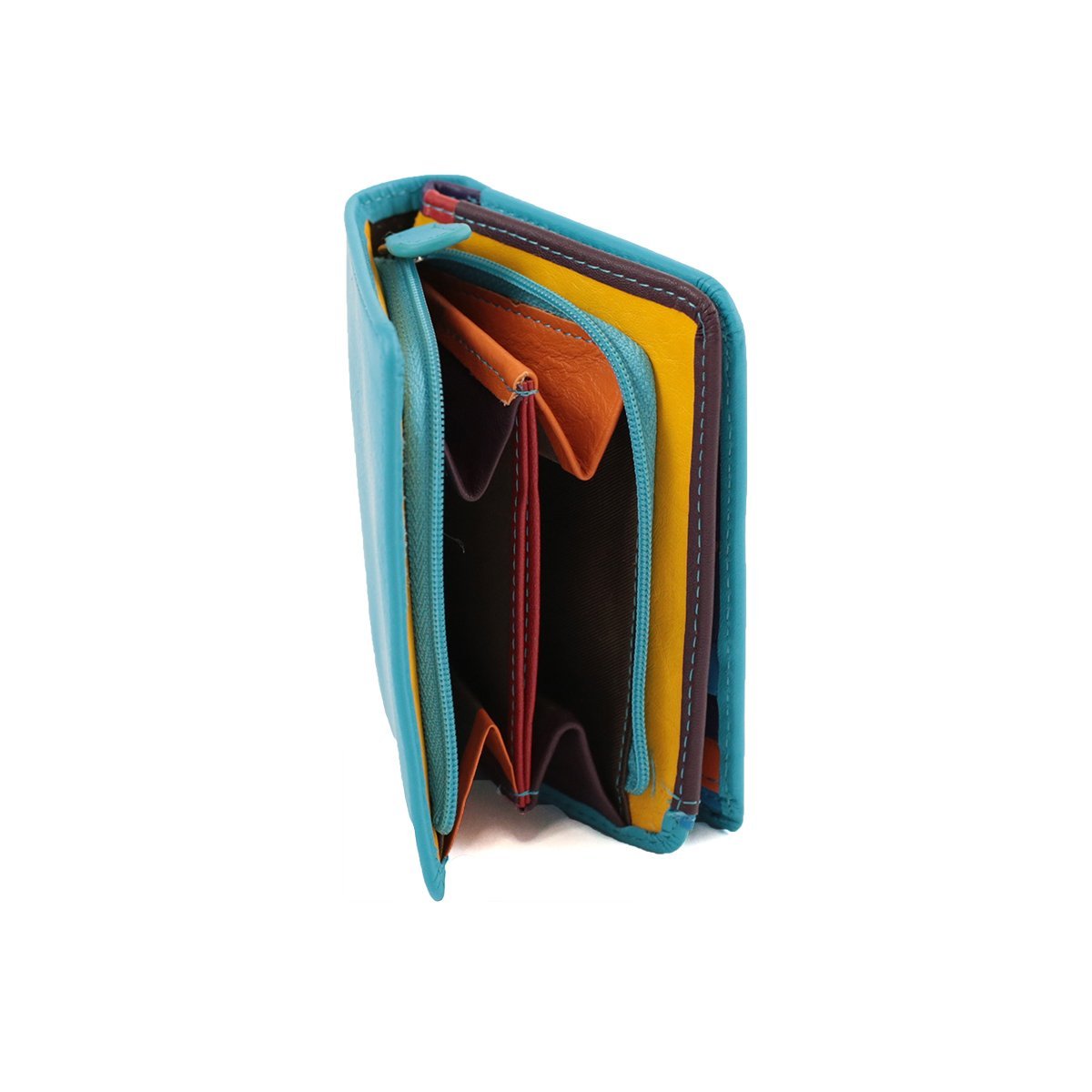 Open women_s mini blue wallet – Real leather Compartments of the women's leather wallet